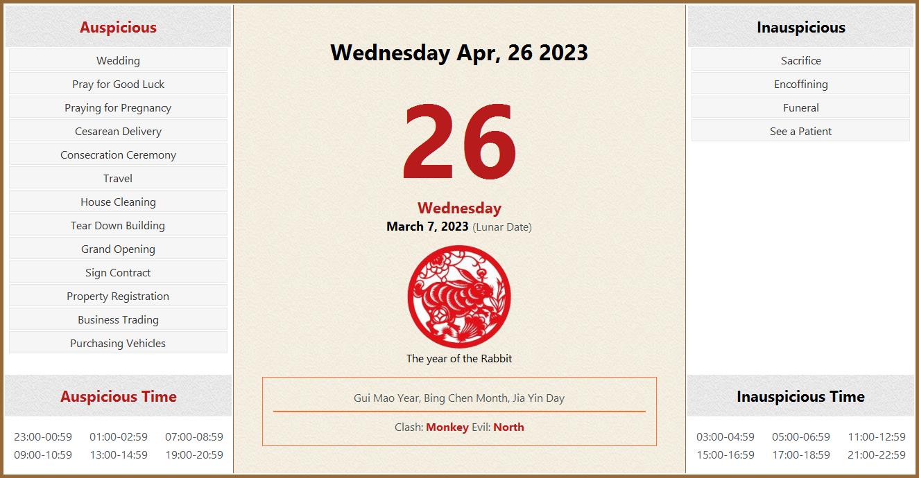 April 26 2023 Almanac Calendar Auspicious Inauspicious Events And 