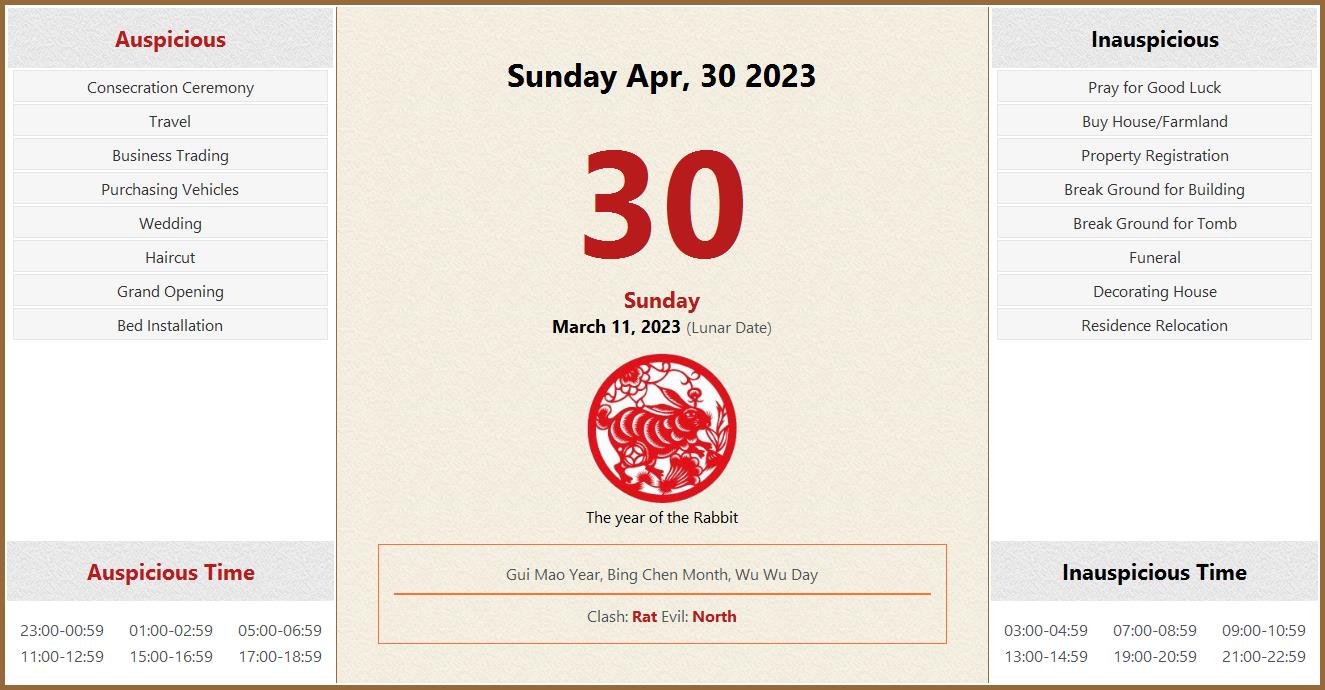 April 30 2023 Almanac Calendar Auspicious Inauspicious Events And 