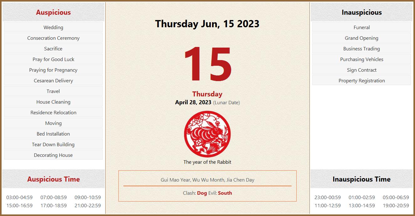 June 15, 2023 Almanac Calendar: Auspicious/Inauspicious Events and Time
