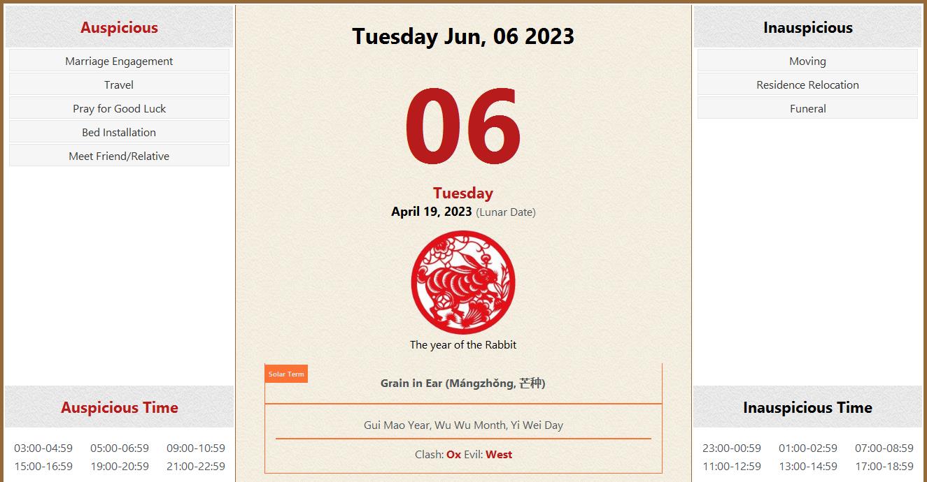 June 06, 2023 almanac calendar: auspicious/inauspicious events and time, zodiac, lucky direction June 06, 2023 Almanac Calendar: Auspicious/Inauspicious Events and Time, Zodiac, Lucky Direction