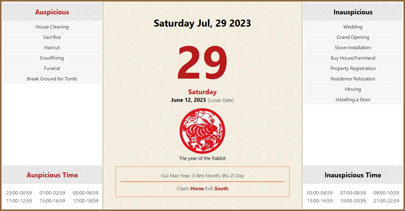 July 29, 2023 Almanac Calendar Auspicious/Inauspicious Events and Time