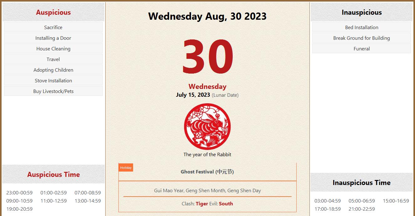 August 30, 2023 Almanac Calendar: Auspicious/Inauspicious Events and