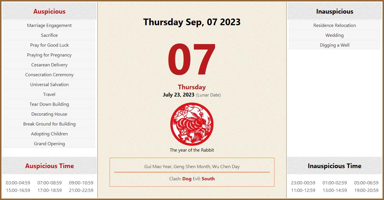 September 07, 2023 Almanac Calendar Auspicious/Inauspicious Events and