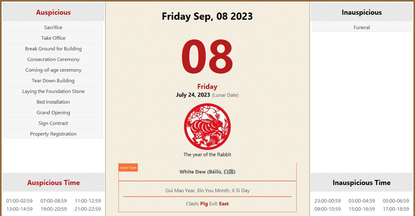September 08 2023 Almanac Calendar Auspicious Inauspicious Events And