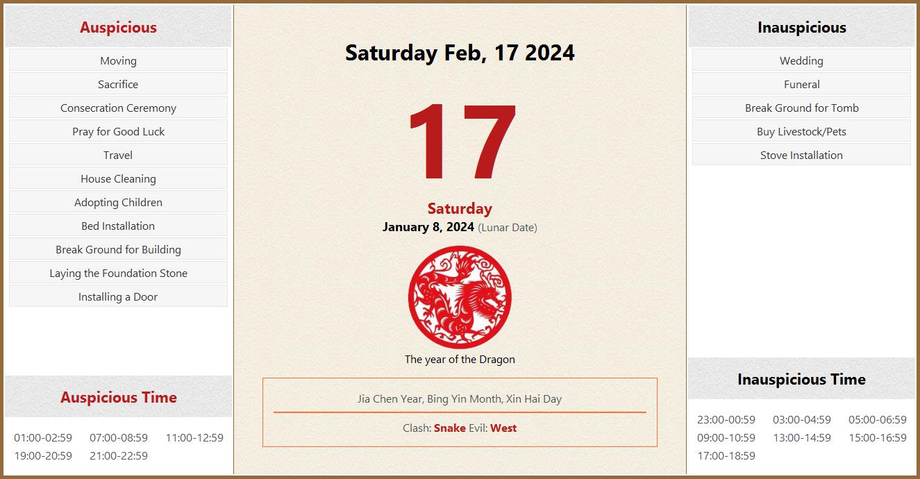 February 17, 2024 Almanac Calendar: Auspicious/Inauspicious Events and