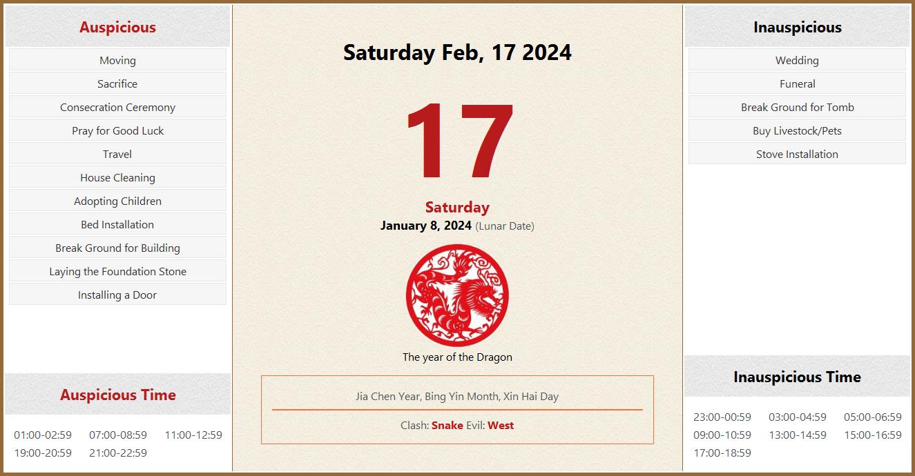 February 17, 2025 Almanac Calendar Auspicious/Inauspicious Events and
