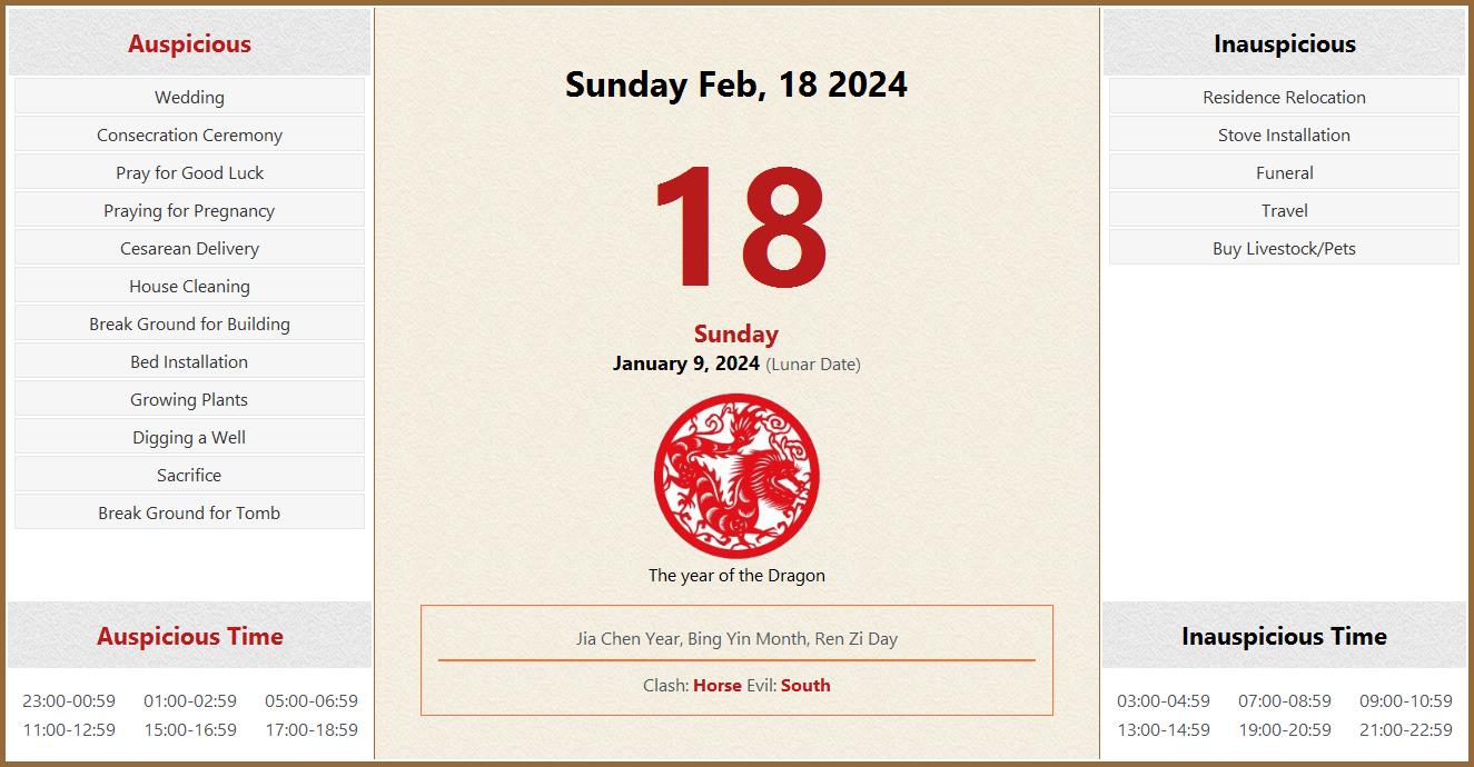 February 18, 2024 Almanac Calendar Auspicious/Inauspicious Events and