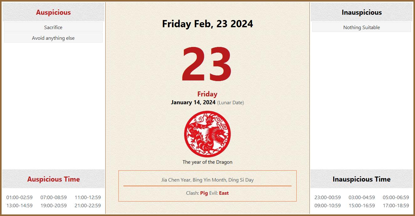 February 23, 2024 Almanac Calendar Auspicious/Inauspicious Events and