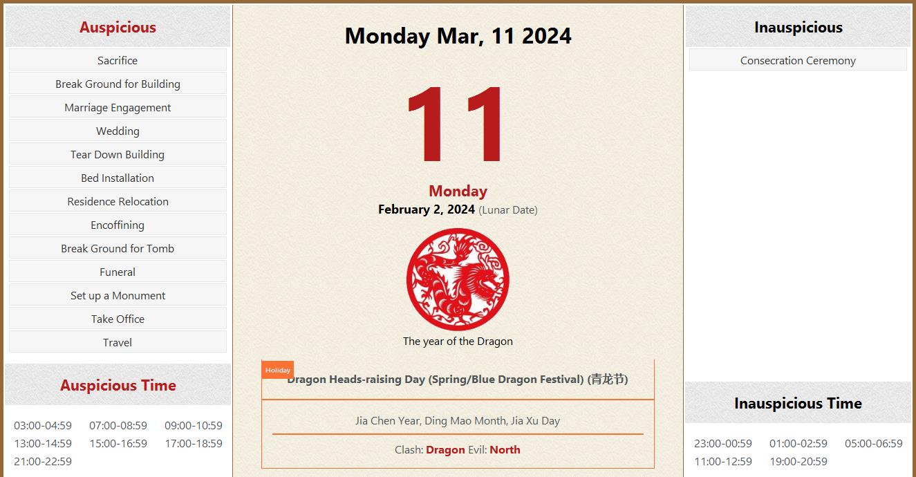 March 11, 2024 Almanac Calendar: Auspicious/Inauspicious Events and ...