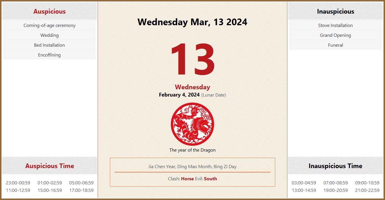 March 13, 2024 Almanac Calendar: Auspicious/Inauspicious Events and