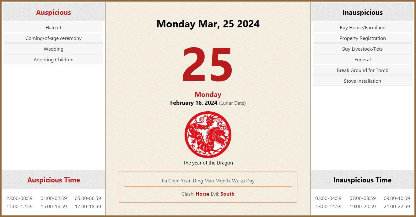 March 25, 2024 Almanac Calendar: Auspicious/Inauspicious Events and
