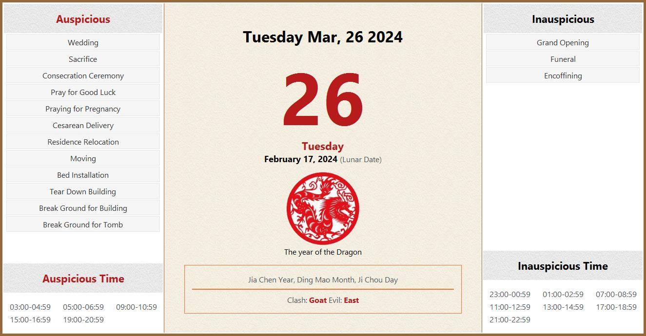 March 26, 2024 Almanac Calendar: Auspicious/Inauspicious Events and March 26, 2024 Almanac Calendar: Auspicious/Inauspicious Events and