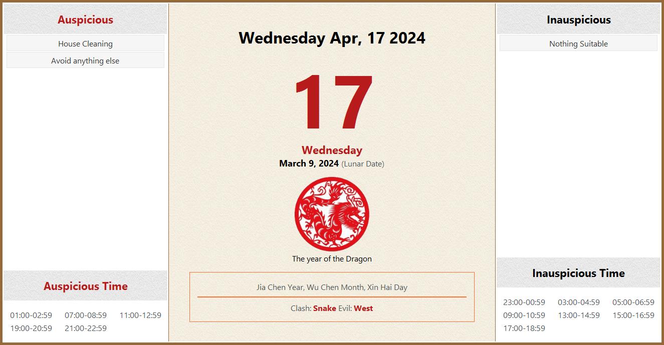 April 17, 2024 Almanac Calendar Auspicious/Inauspicious Events and