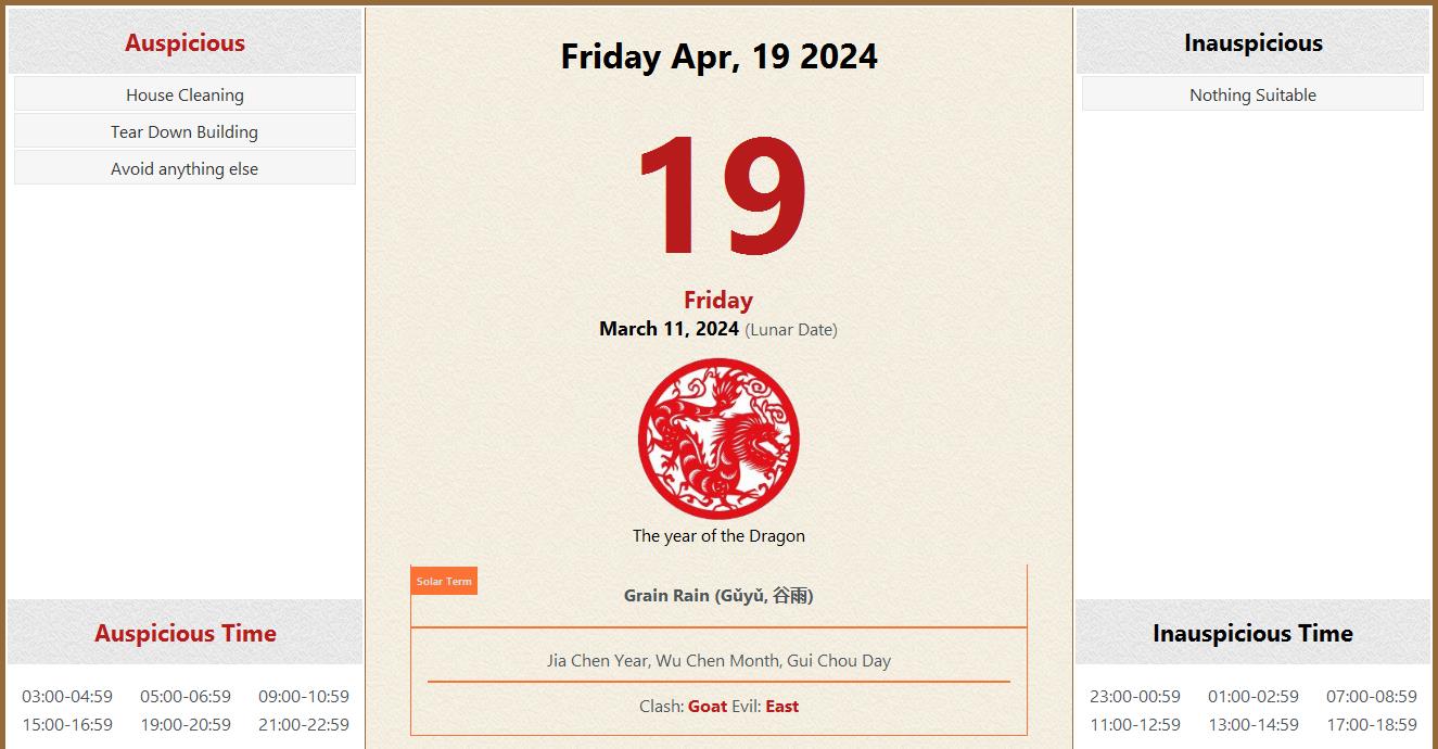 April 19, 2024 Almanac Calendar Auspicious/Inauspicious Events and Time, Zodiac, Lucky Direction