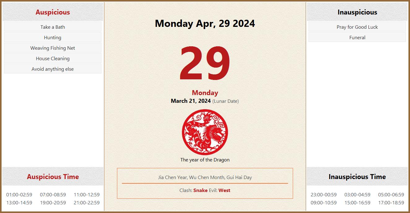 April 29, 2024 Almanac Calendar Auspicious/Inauspicious Events and