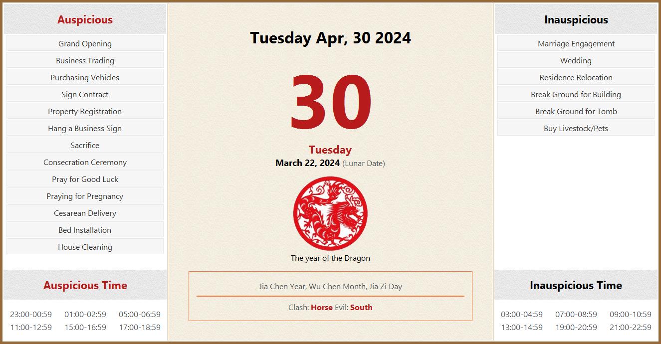 April 30, 2024 Almanac Calendar Auspicious/Inauspicious Events and