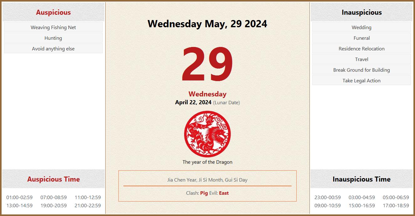 May 29, 2024 Almanac Calendar: Auspicious/Inauspicious Events and Time,  Zodiac, Lucky Direction