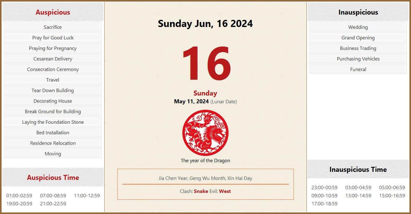 June 16, 2024 Almanac Calendar Auspicious/Inauspicious Events and Time