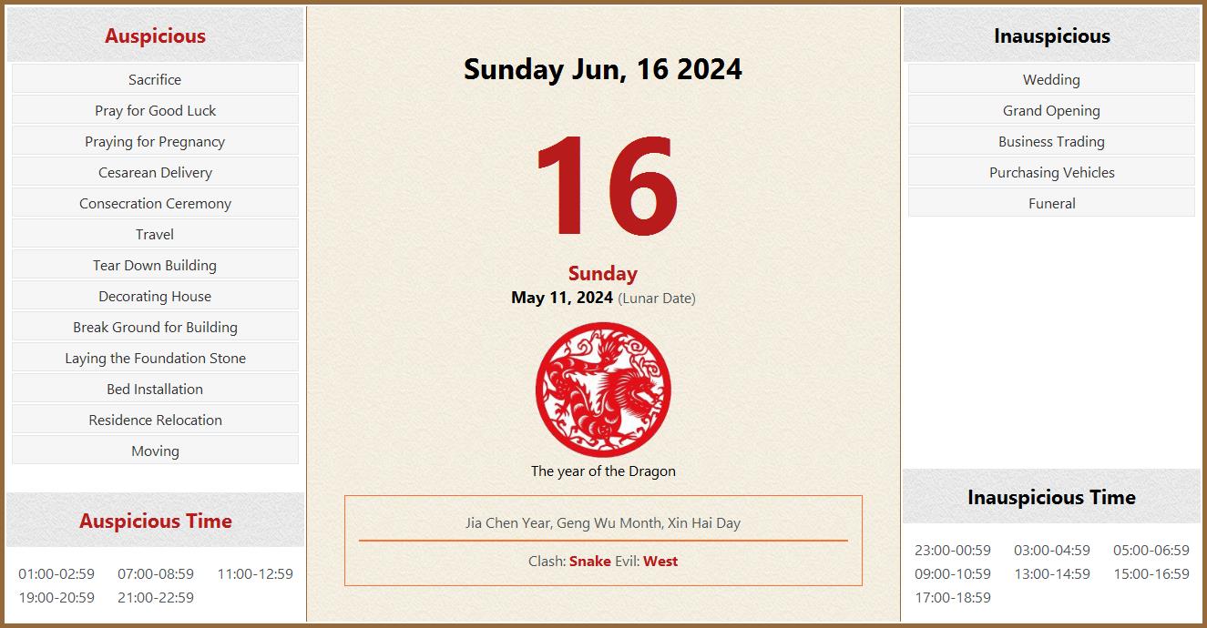 June 16, 2025 Almanac Calendar Auspicious/Inauspicious Events and Time