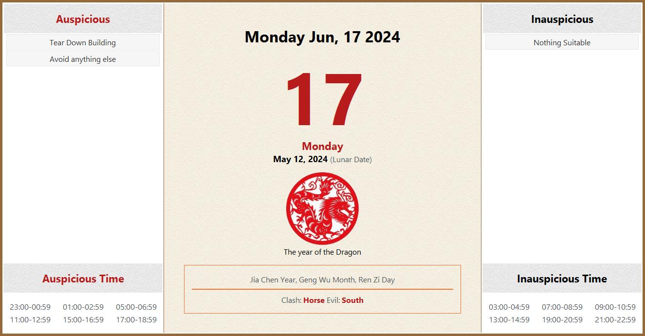 June 17, 2024 Almanac Calendar Auspicious/Inauspicious Events and Time