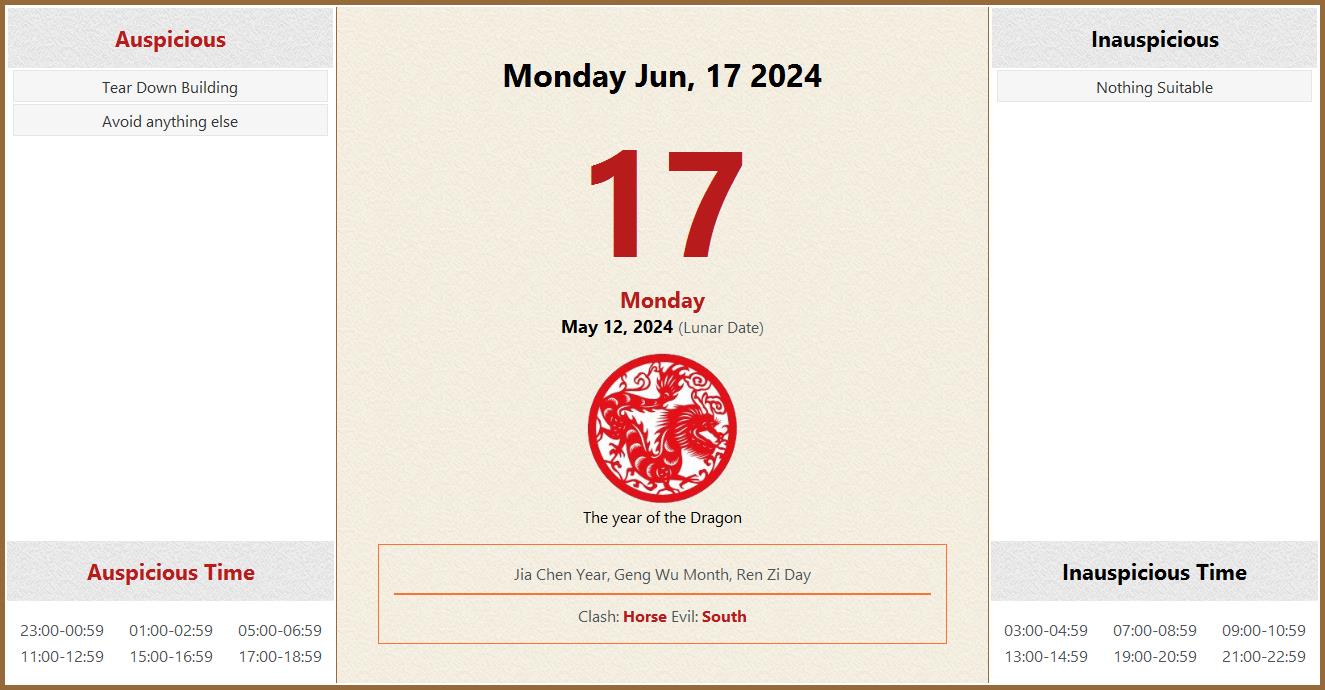 June 17, 2024 Almanac Calendar Auspicious/Inauspicious Events and Time