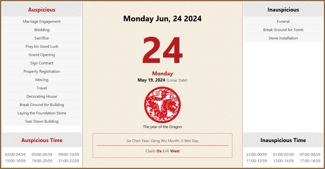 June 24, 2024 Almanac Calendar Auspicious/Inauspicious Events and Time