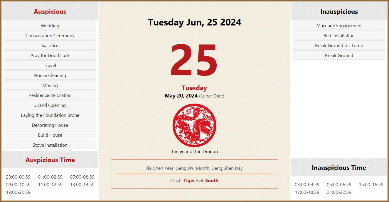 June 25, 2024 Almanac Calendar Auspicious/Inauspicious Events and Time