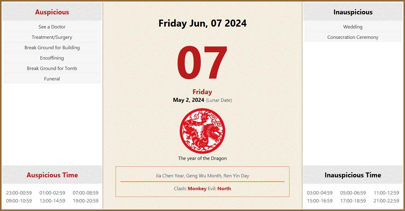 June 07, 2024 Almanac Calendar Auspicious/Inauspicious Events and Time