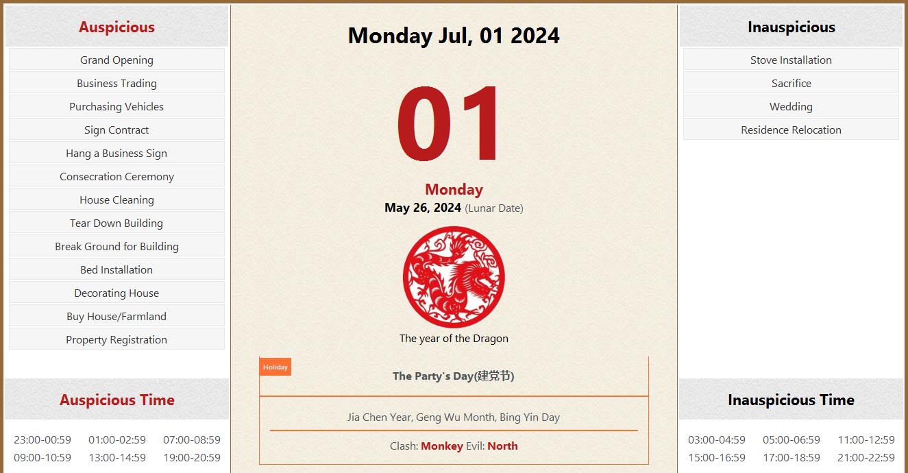 July 01, 2025 Almanac Calendar Auspicious/Inauspicious Events and Time