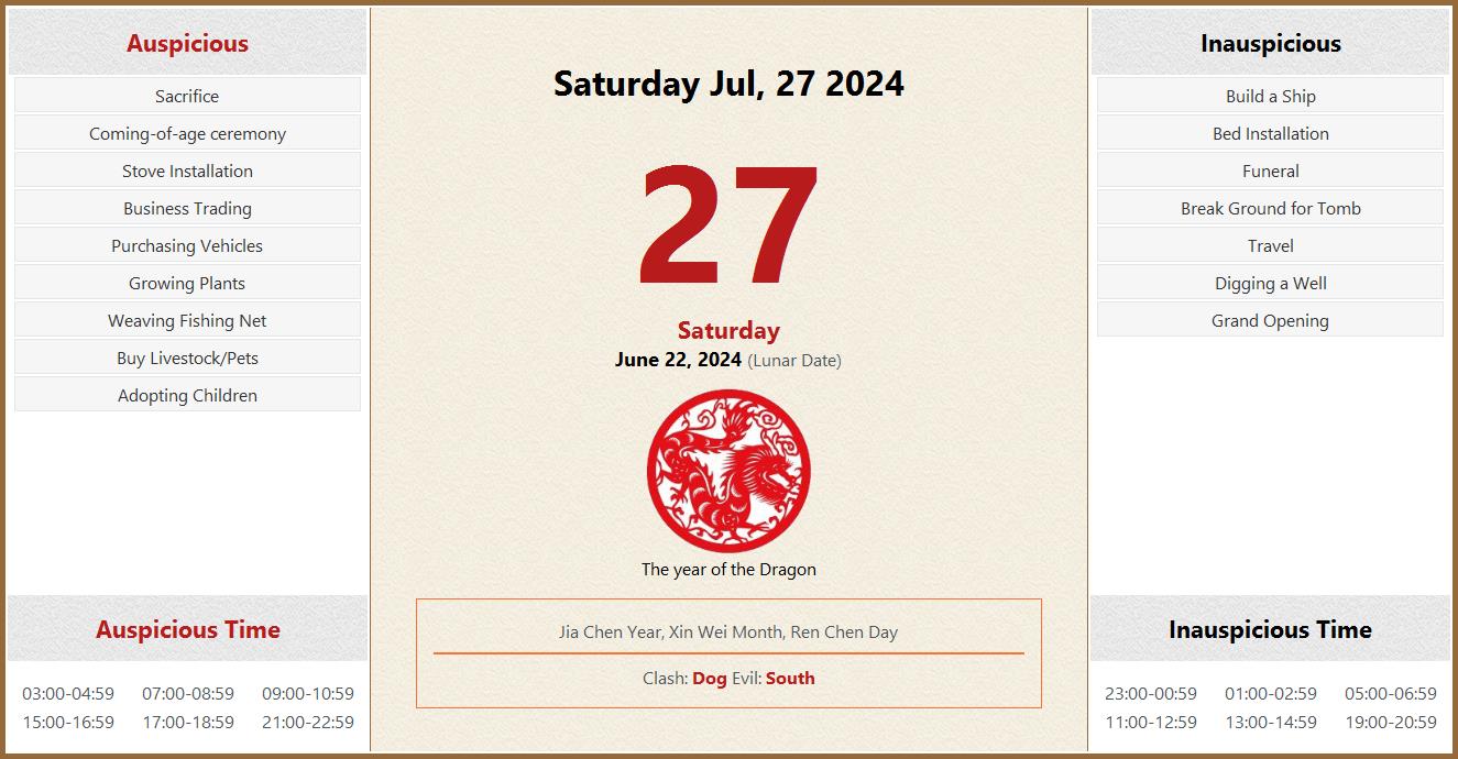 July 27, 2025 Almanac Calendar Auspicious/Inauspicious Events and Time