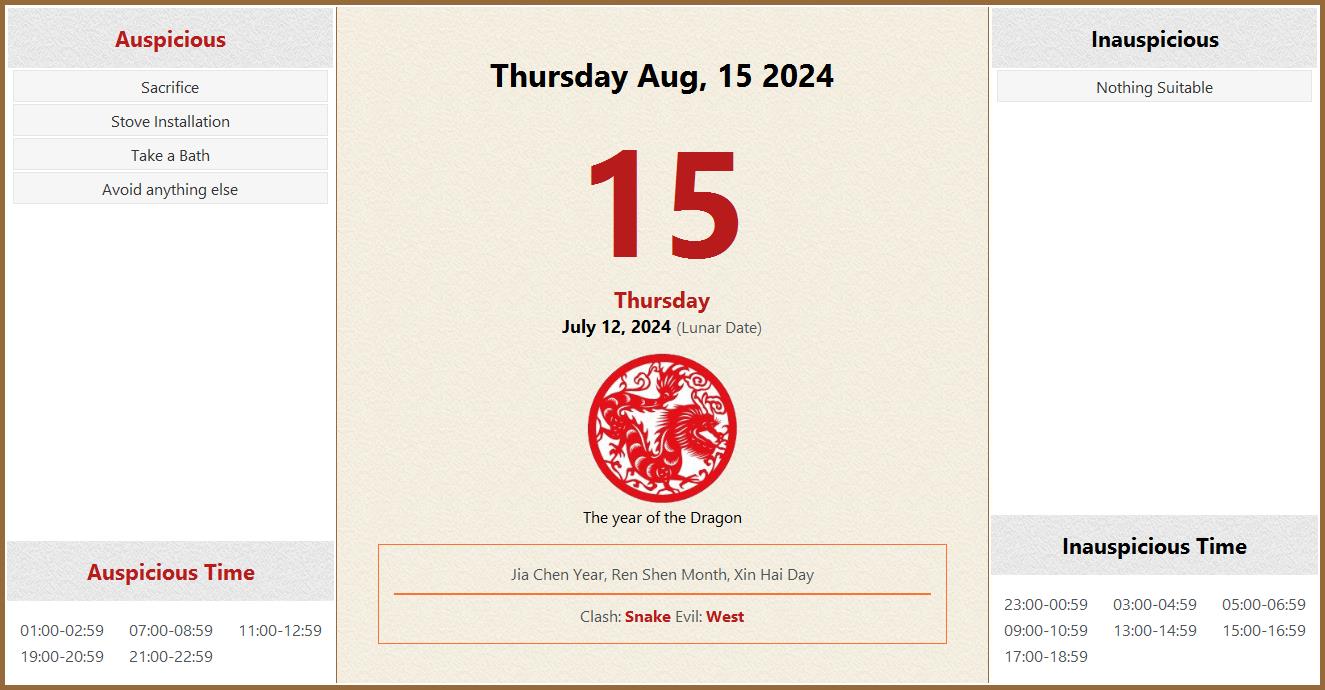 August 15, 2024 Almanac Calendar Auspicious/Inauspicious Events and