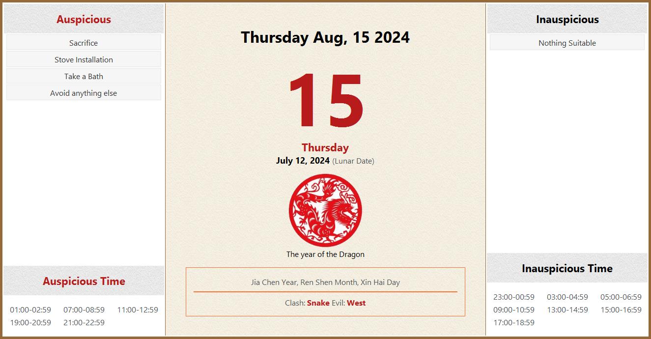 August 15, 2024 Almanac Calendar Auspicious/Inauspicious Events and