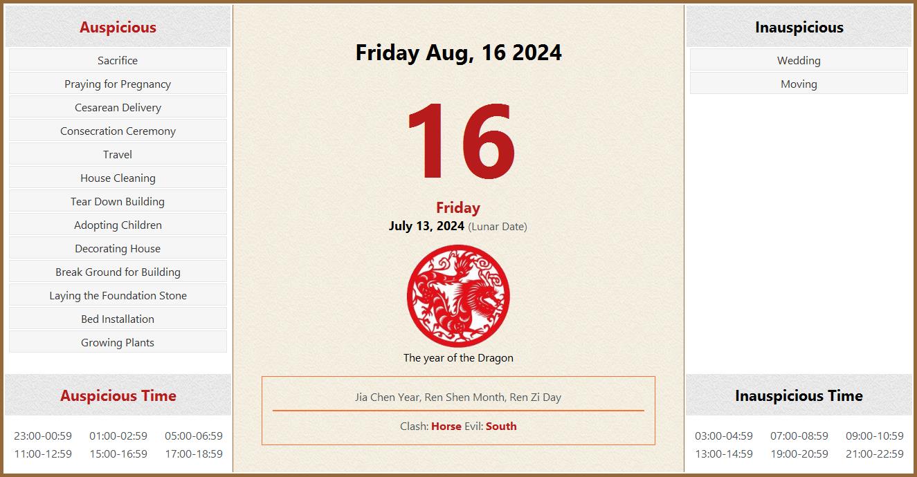August 16, 2024 Almanac Calendar Auspicious/Inauspicious Events and