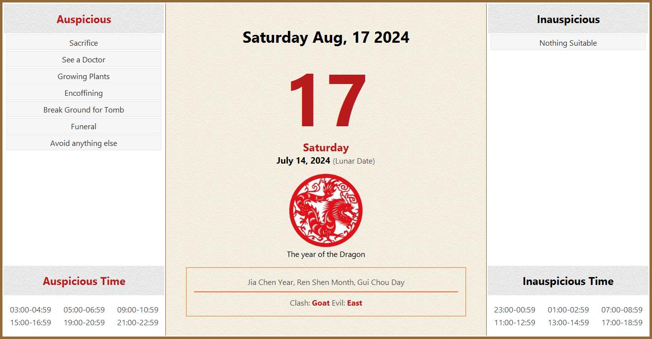 August 17, 2024 Almanac Calendar Auspicious/Inauspicious Events and