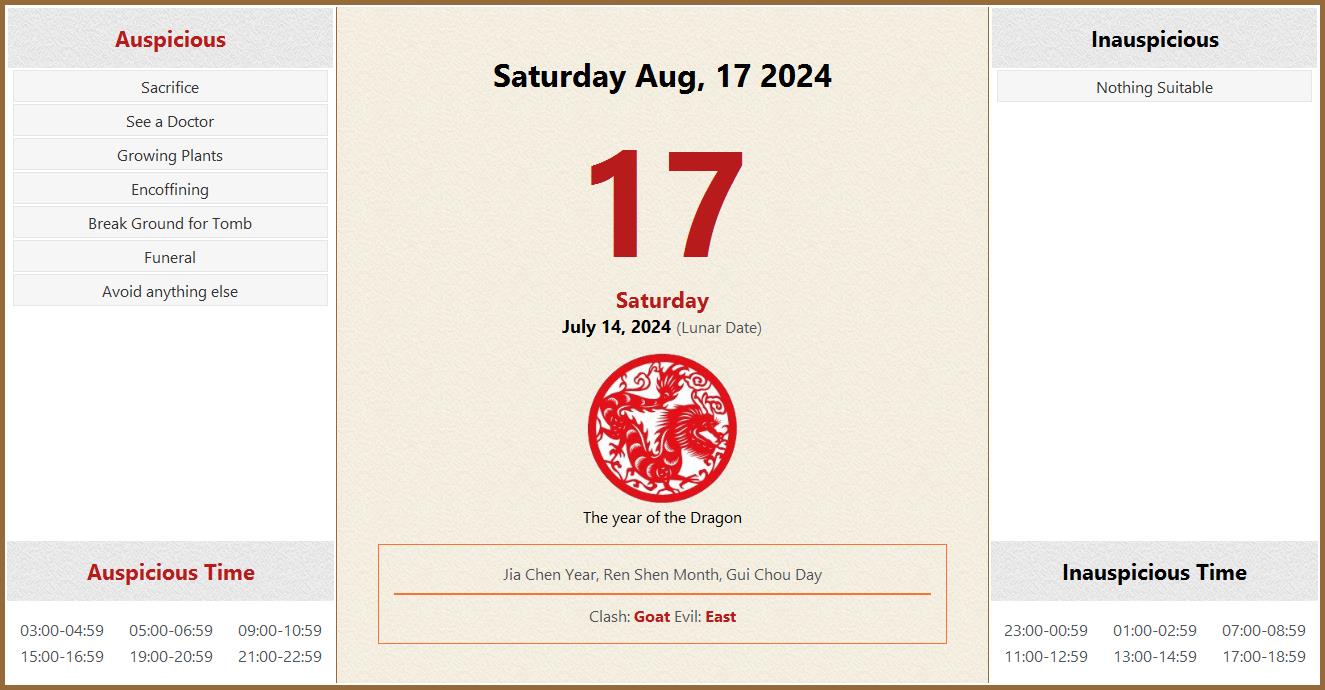 August 17 2024 Almanac Calendar Auspicious Inauspicious Events And 