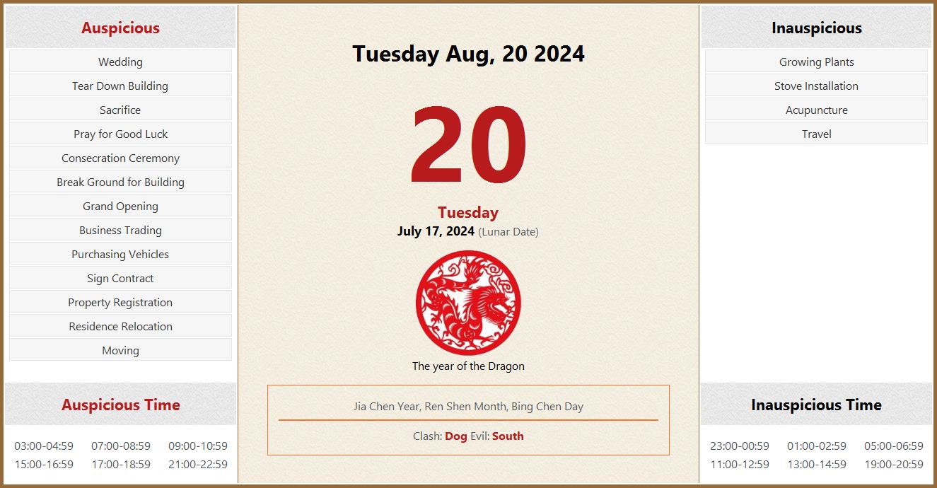 August 20, 2024 Almanac Calendar: Auspicious/Inauspicious Events and ...