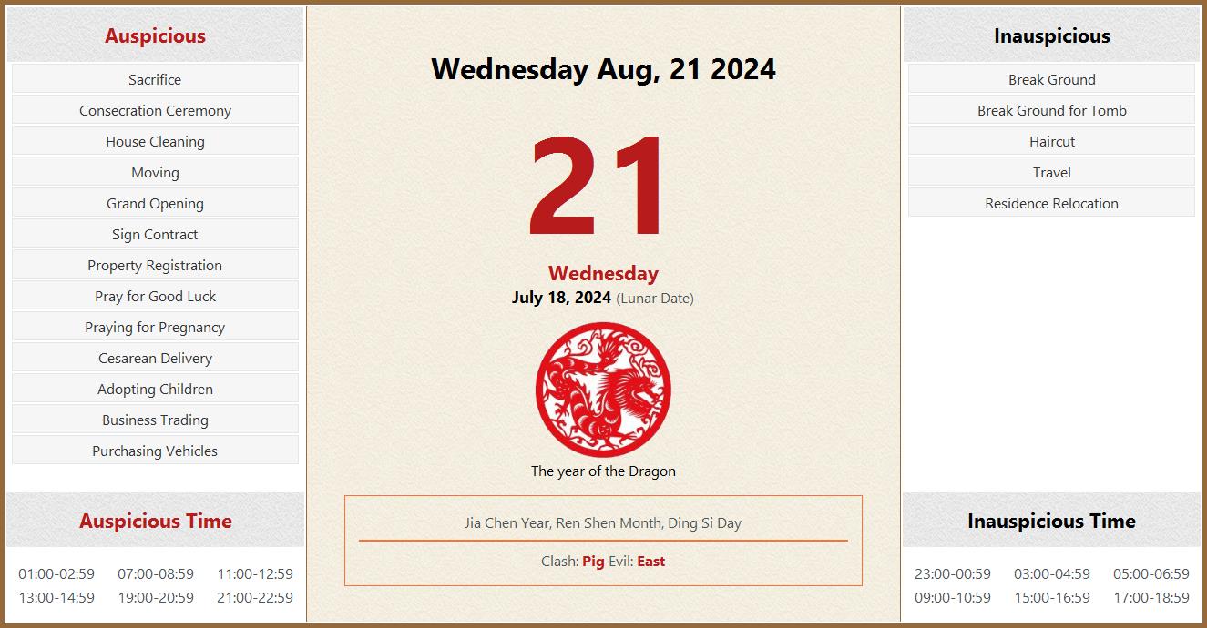 August 21, 2024 Almanac Calendar Auspicious/Inauspicious Events and