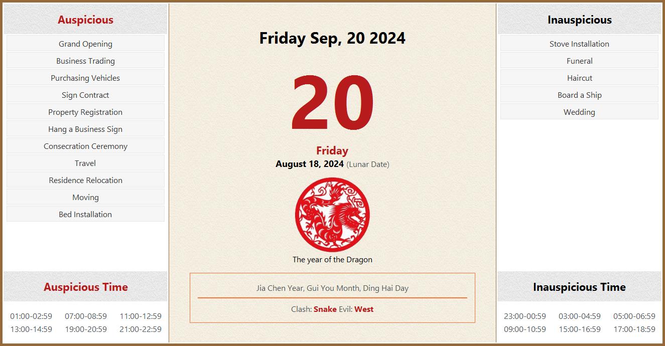 September 20, 2024 Almanac Calendar Auspicious/Inauspicious Events and