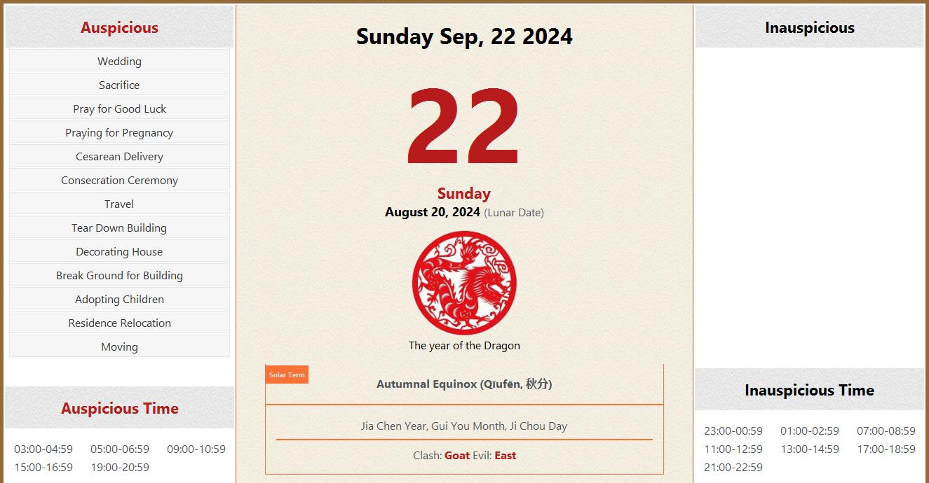 September 22, 2024 Almanac Calendar Auspicious/Inauspicious Events and