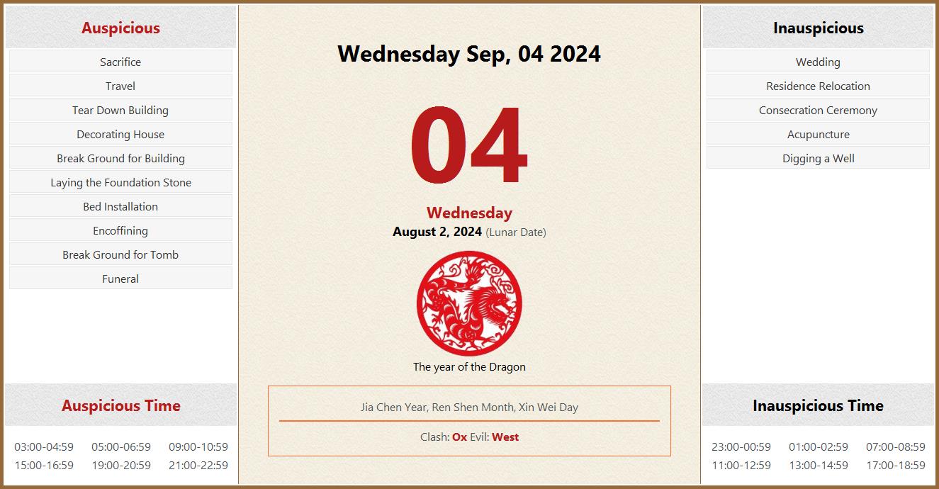 September 04, 2024 Almanac Calendar: Auspicious/Inauspicious Events and
