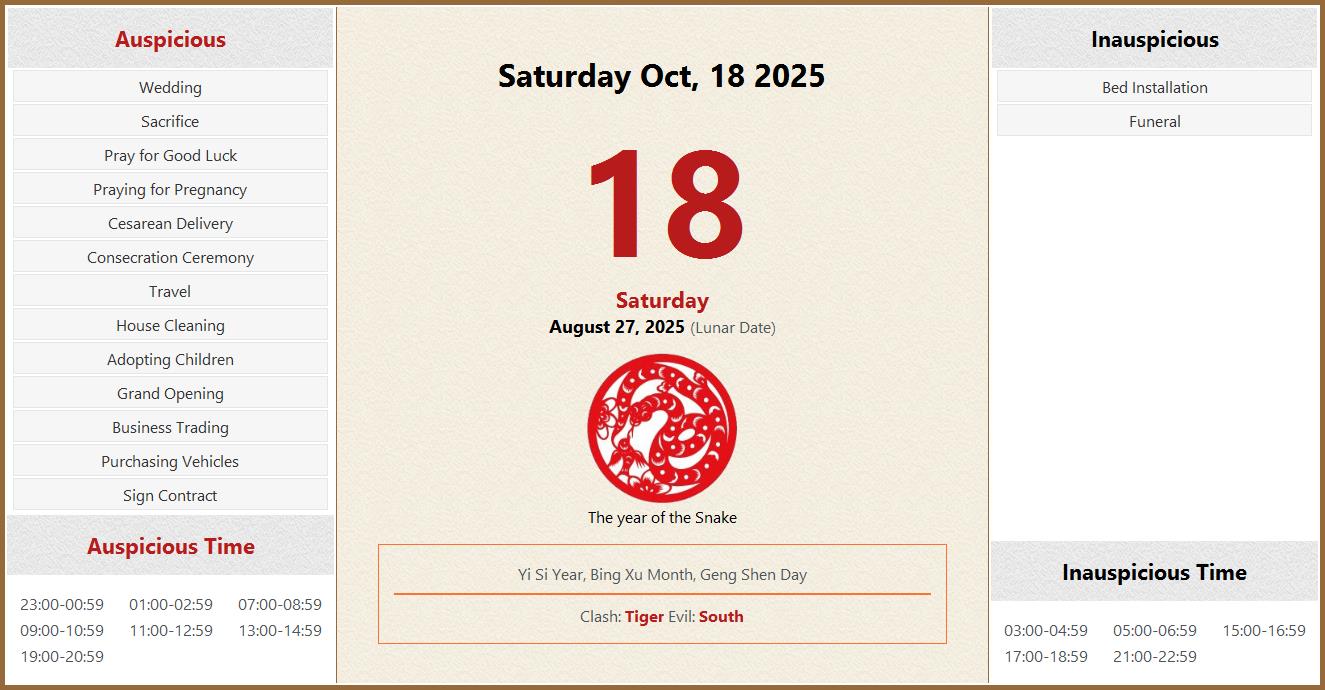 October 18, 2025 Almanac Calendar Auspicious/Inauspicious Events and