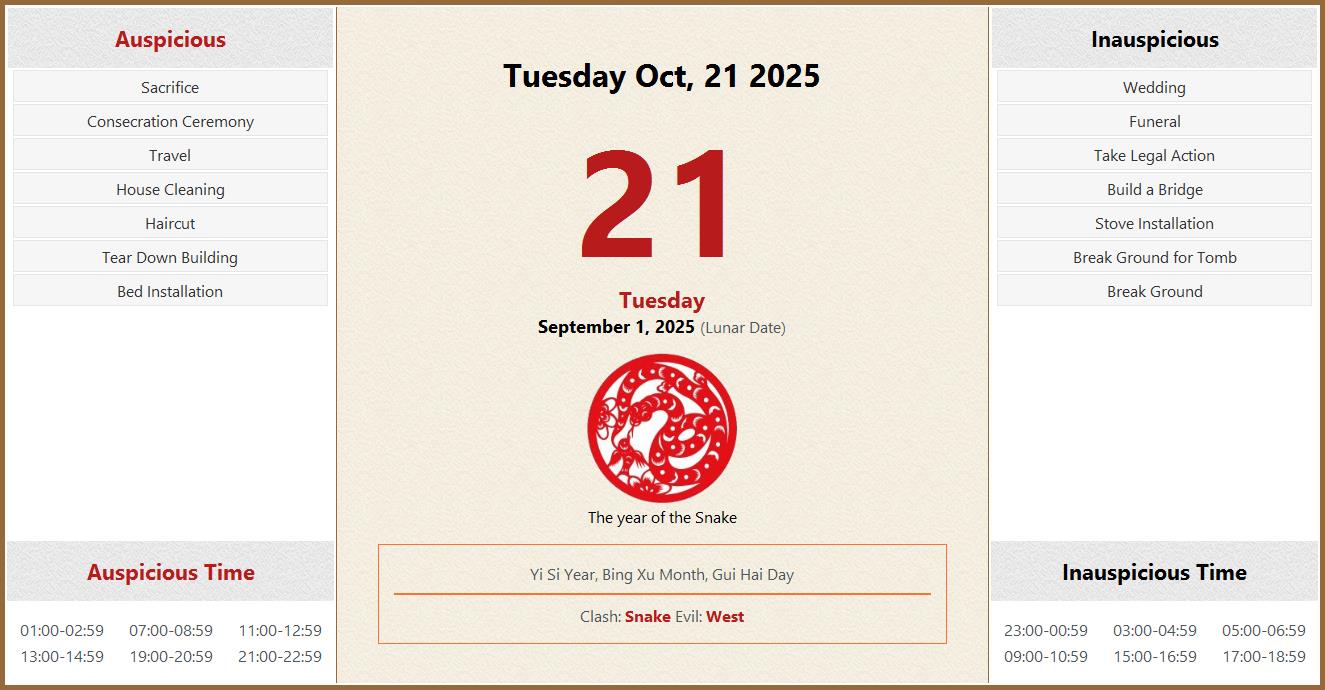 October 21, 2025 Almanac Calendar: Auspicious/Inauspicious Events and