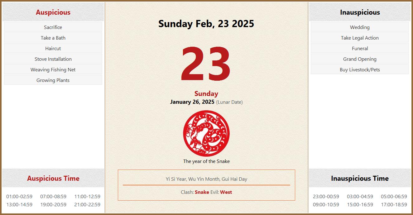 February 23, 2025 Almanac Calendar Auspicious/Inauspicious Events and Time, Zodiac, Lucky Direction