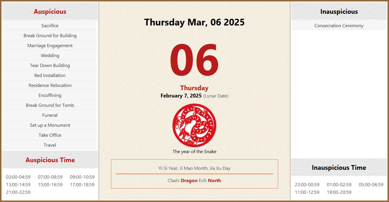 March 06, 2025 Almanac Calendar Auspicious/Inauspicious Events and