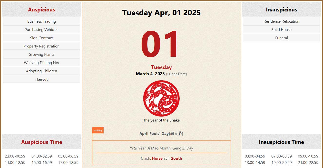April 01, 2025 Almanac Calendar Auspicious/Inauspicious Events and