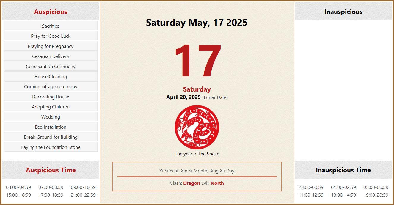 May 17, 2025 Almanac Calendar Auspicious/Inauspicious Events and Time