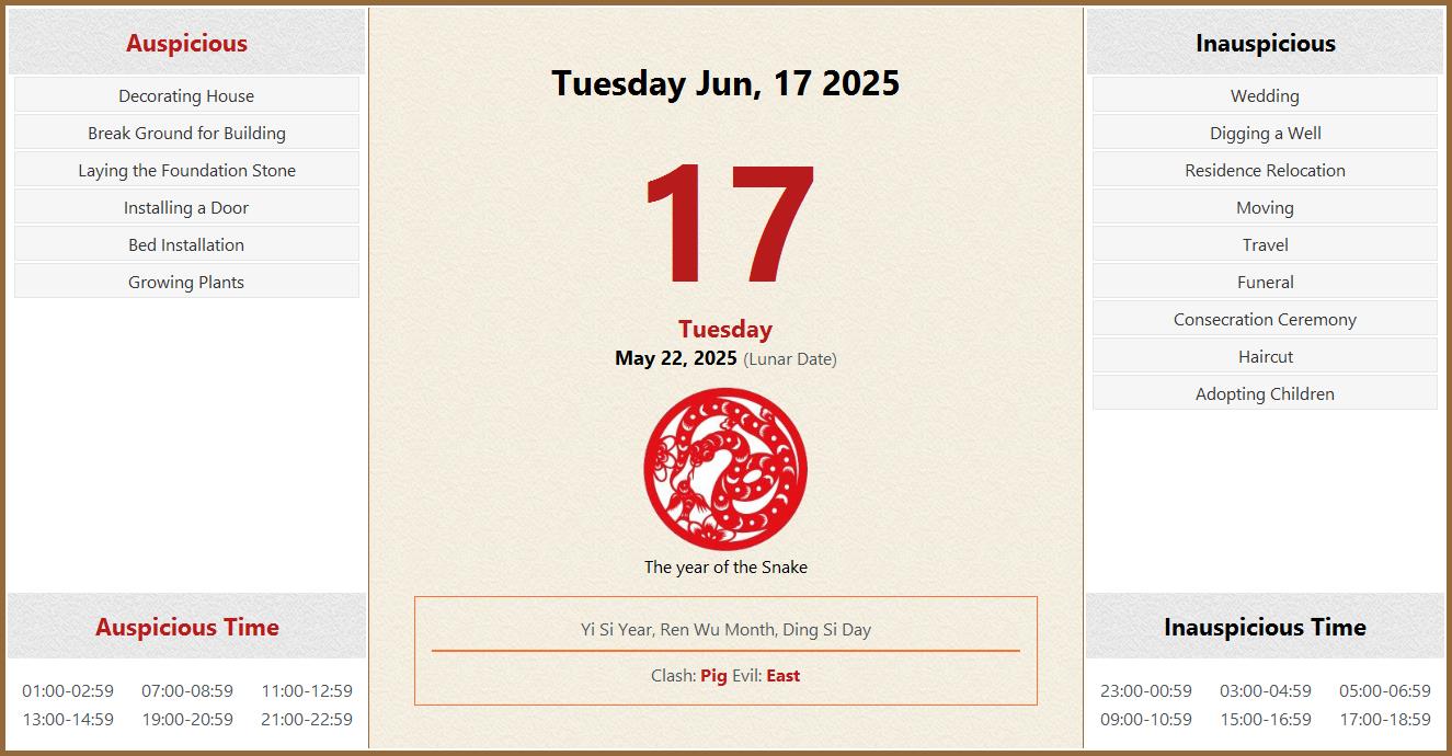 June 17, 2025 Almanac Calendar Auspicious/Inauspicious Events and Time