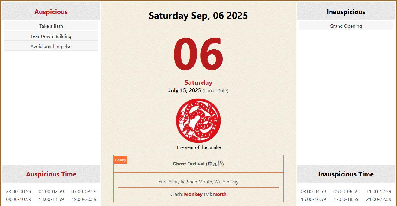 September 06, 2025 Almanac Calendar Auspicious/Inauspicious Events and