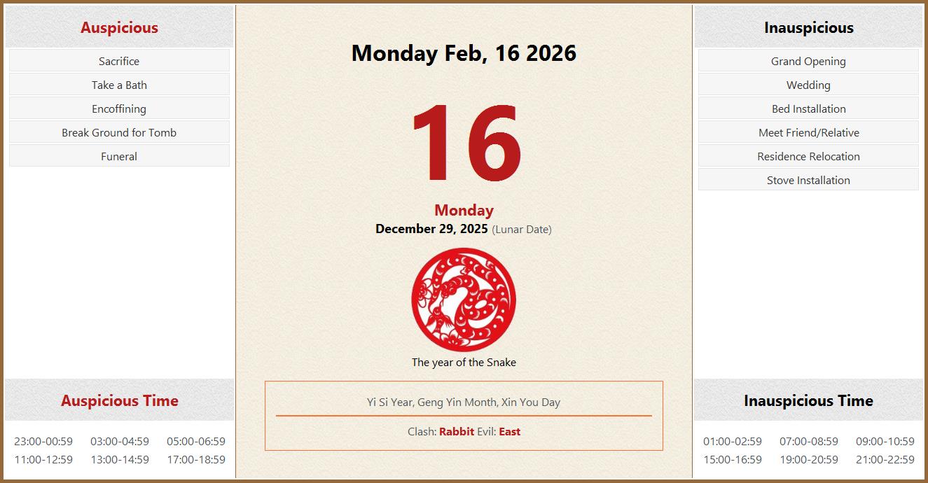February 16, 2026 Almanac Calendar Auspicious/Inauspicious Events and