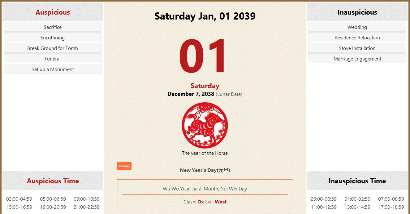 January 01, 2039 Almanac Calendar Auspicious/Inauspicious Events and